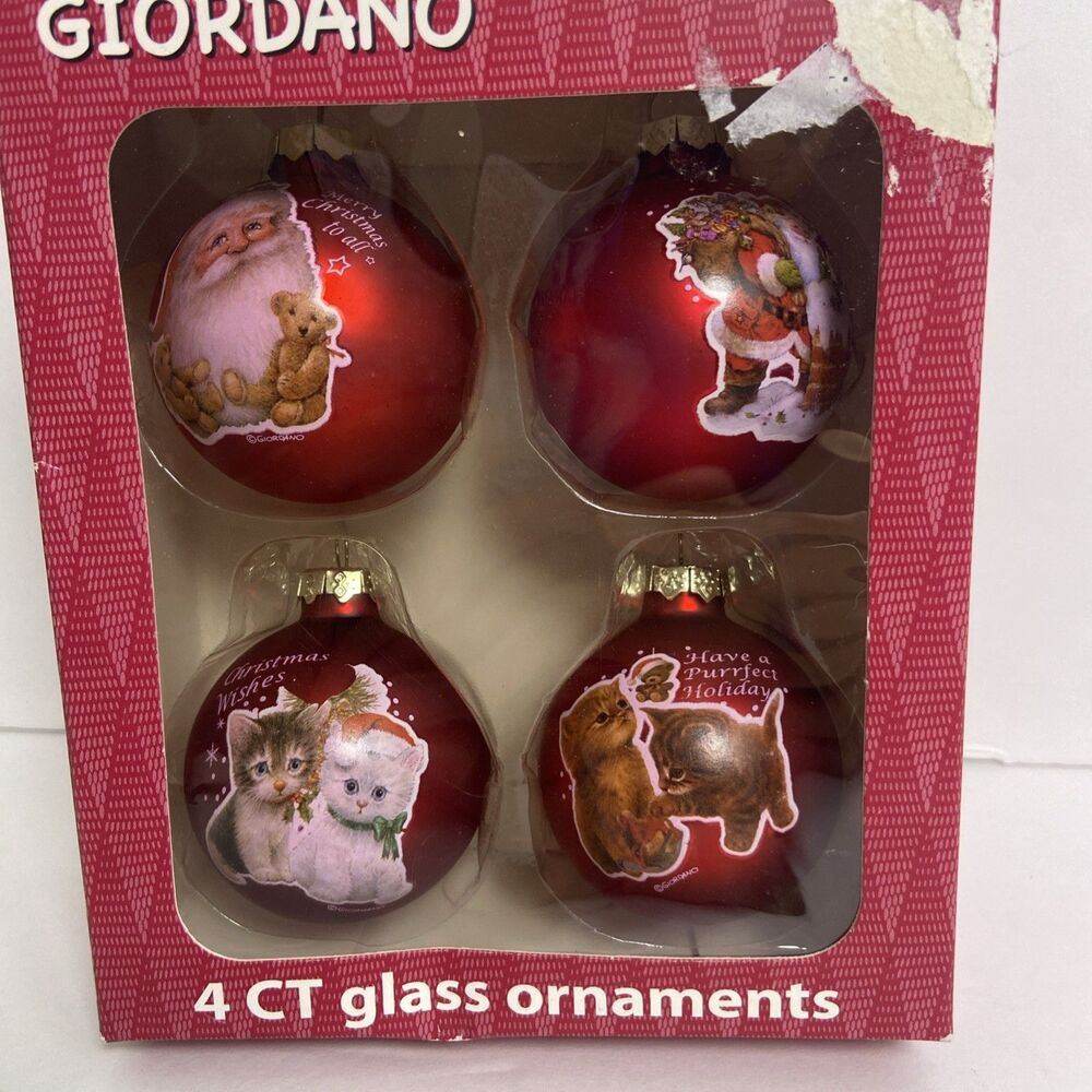 Kitten Small Glass Ornaments Red Giordano 4ct Gold Tips Christmas Kmart VTG